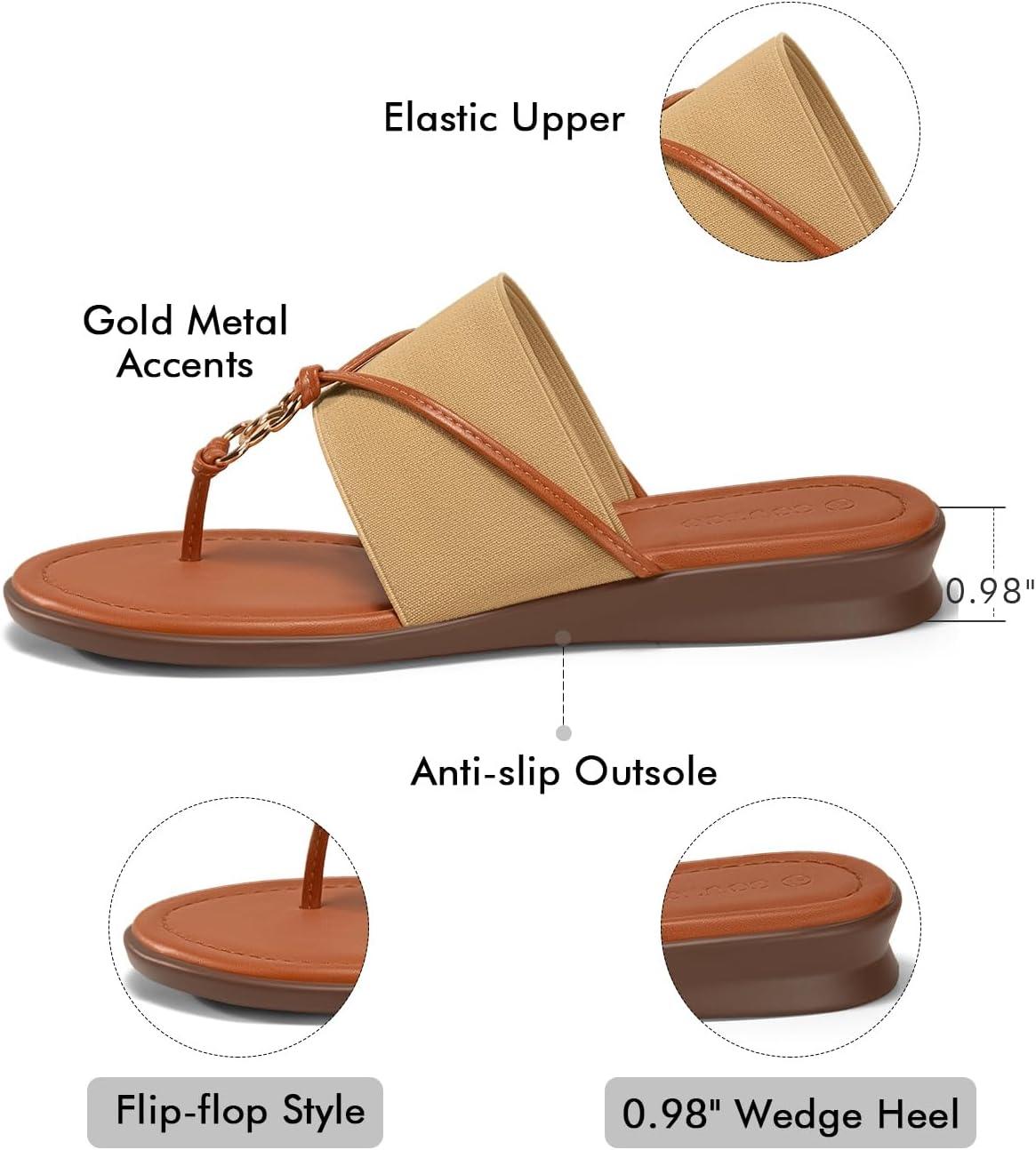 image:imageCoutgo Womens Flip Flops Wedge Sandals Dressy Beach Summer Flats Comfortable Slip on Stretch Slippers ShoesKhaki
