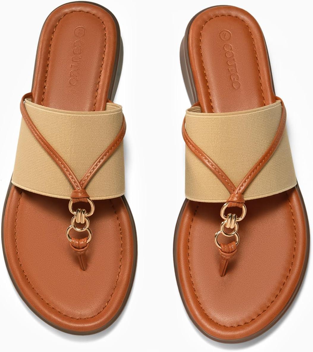 image:imageCoutgo Womens Flip Flops Wedge Sandals Dressy Beach Summer Flats Comfortable Slip on Stretch Slippers ShoesKhaki