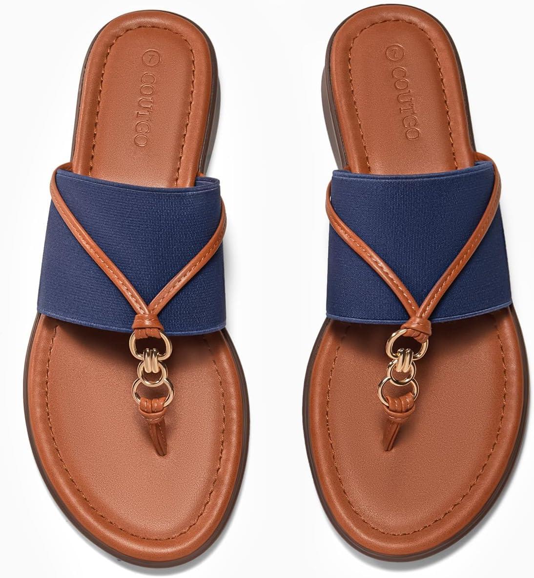 image:imageCoutgo Womens Flip Flops Wedge Sandals Dressy Beach Summer Flats Comfortable Slip on Stretch Slippers ShoesNavy