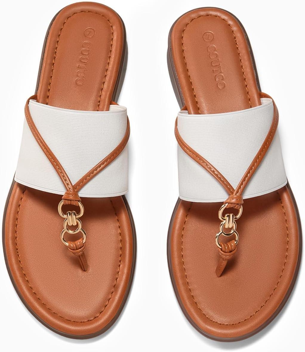 image:imageCoutgo Womens Flip Flops Wedge Sandals Dressy Beach Summer Flats Comfortable Slip on Stretch Slippers ShoesWhite