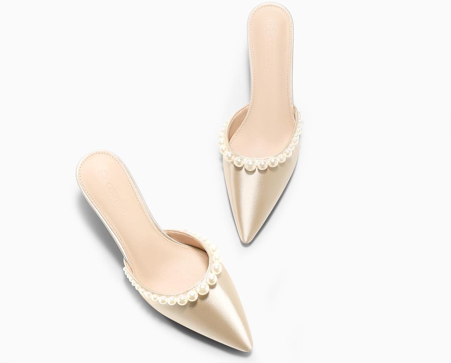 image:imageCoutgo Womens Pearl Kitten Heels Closed Pointed Toe Wedding Bride Dress Shoes Ankle Strap Satin PumpsMuleschampagne