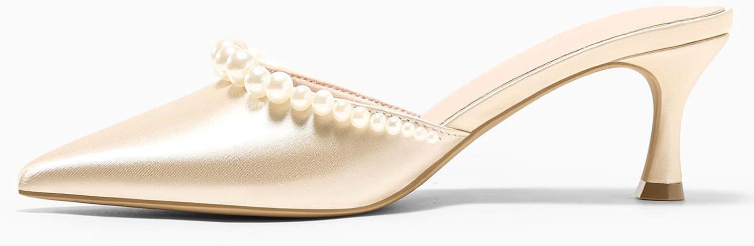 image:imageCoutgo Womens Pearl Kitten Heels Closed Pointed Toe Wedding Bride Dress Shoes Ankle Strap Satin PumpsMuleschampagne