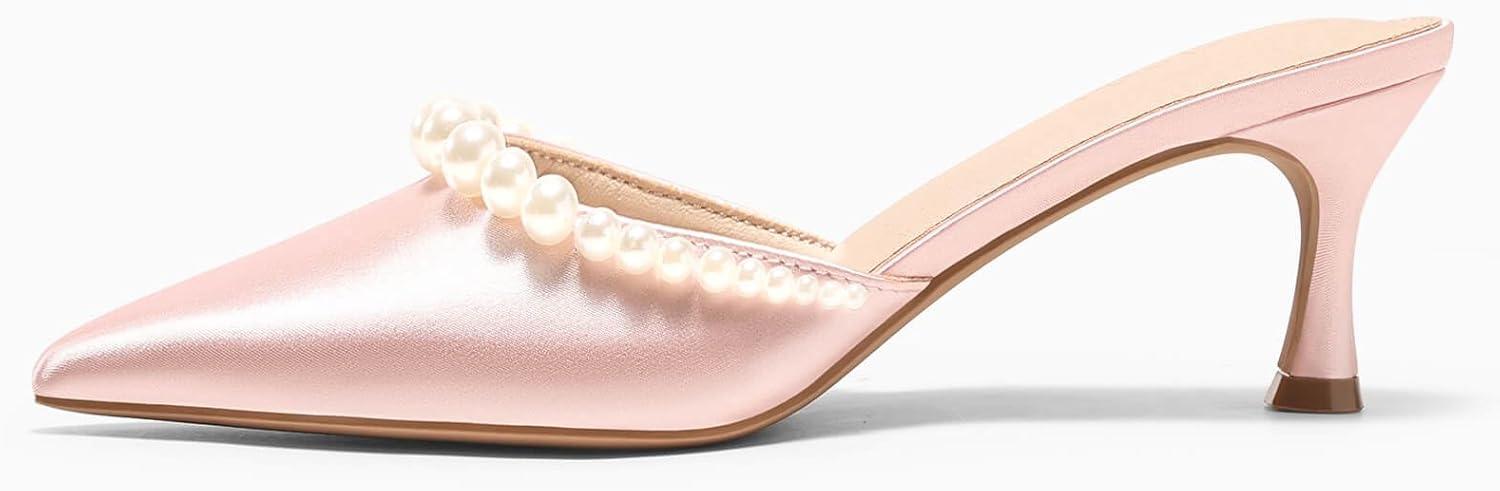 image:imageCoutgo Womens Pearl Kitten Heels Closed Pointed Toe Wedding Bride Dress Shoes Ankle Strap Satin PumpsMulespink