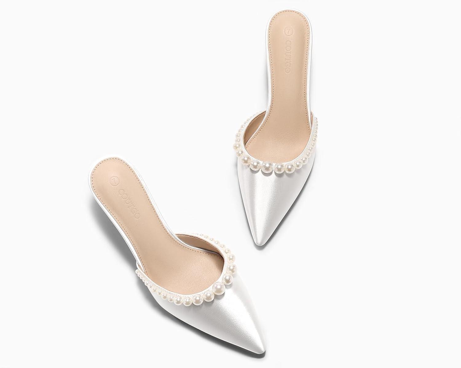 image:imageCoutgo Womens Pearl Kitten Heels Closed Pointed Toe Wedding Bride Dress Shoes Ankle Strap Satin PumpsMuleswhite
