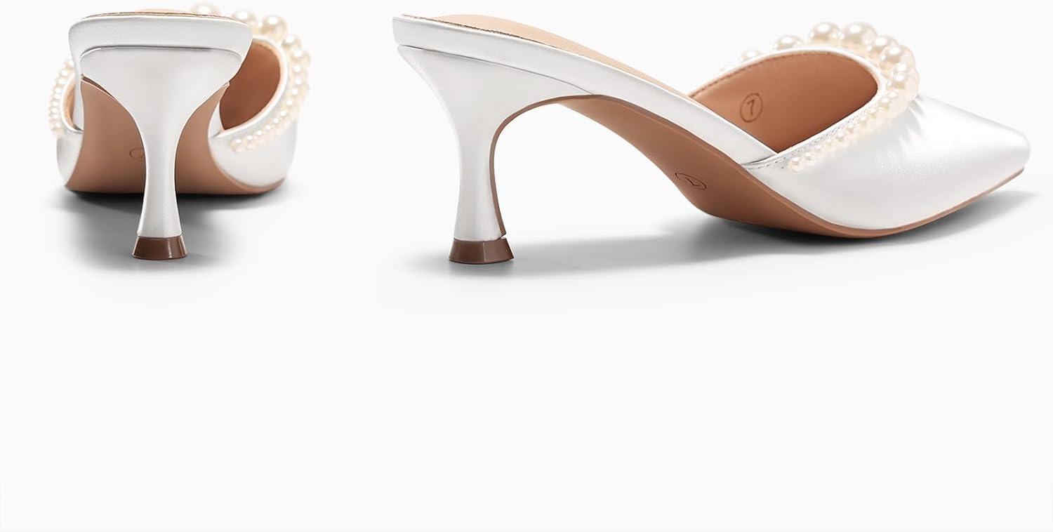 image:imageCoutgo Womens Pearl Kitten Heels Closed Pointed Toe Wedding Bride Dress Shoes Ankle Strap Satin PumpsMuleswhite