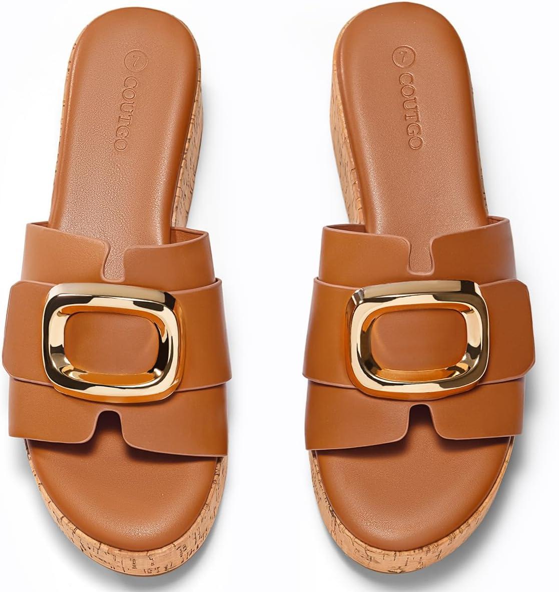 image:imageCoutgo Womens Platform Sandals Cork Beach Slip on Wedges Metal Buckle Slides Summer Dress Shoes