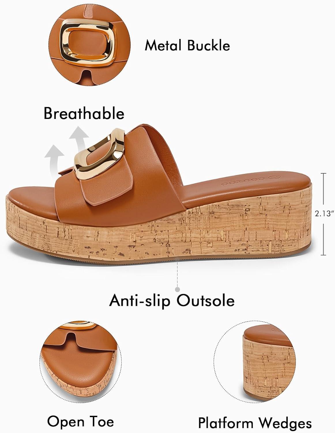 image:imageCoutgo Womens Platform Sandals Cork Beach Slip on Wedges Metal Buckle Slides Summer Dress Shoes