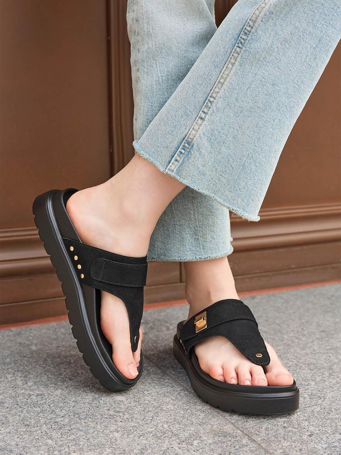 image:imageCoutgo Womens Platform Thong Sandals TStrap Slip On Slides Summer Flats Beach Flip FlopsBlack
