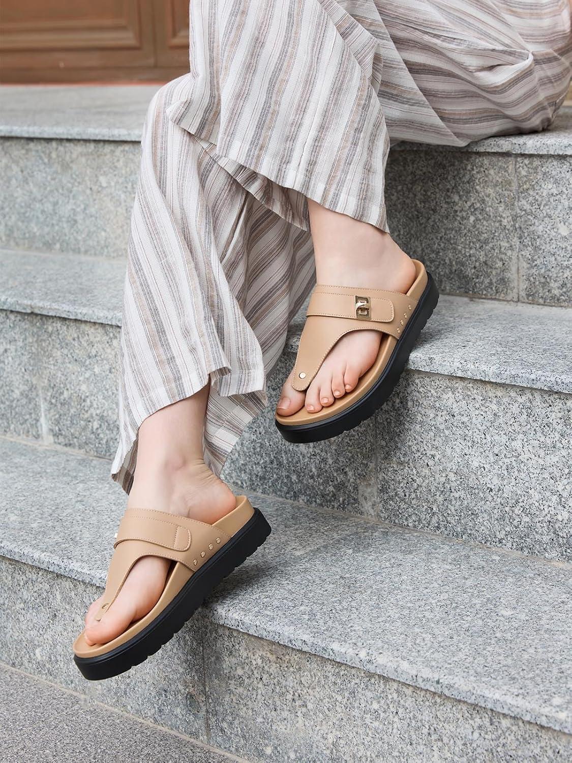 image:imageCoutgo Womens Platform Thong Sandals TStrap Slip On Slides Summer Flats Beach Flip FlopsKhaki Leather