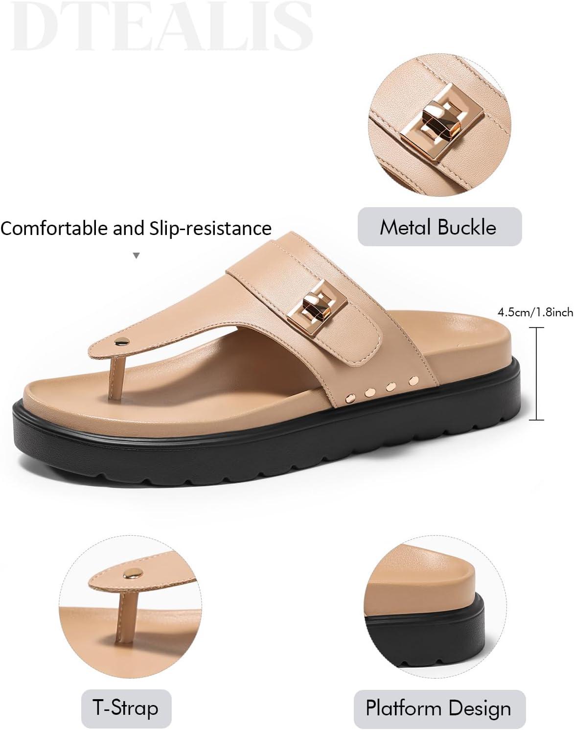 image:imageCoutgo Womens Platform Thong Sandals TStrap Slip On Slides Summer Flats Beach Flip FlopsKhaki Leather