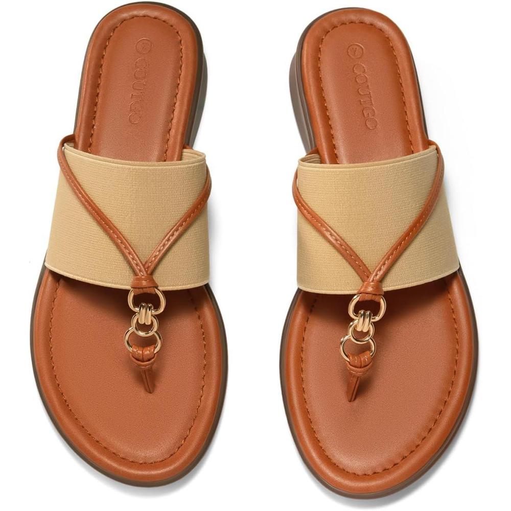 image:imageCoutgo Womens Flip Flops Wedge Sandals Dressy Beach Summer Flats Comfortable Slip on Stretch Slippers ShoesKhaki