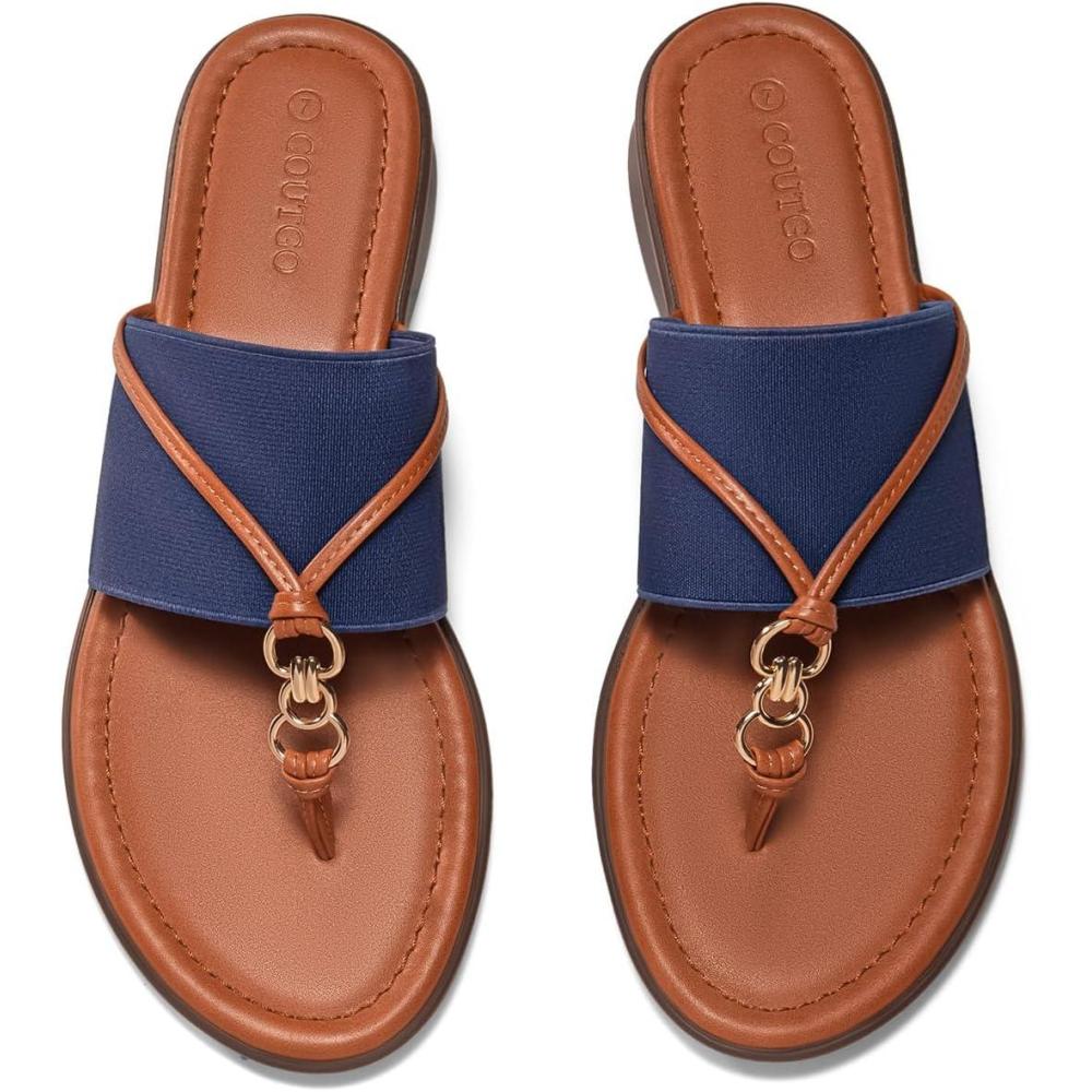 image:imageCoutgo Womens Flip Flops Wedge Sandals Dressy Beach Summer Flats Comfortable Slip on Stretch Slippers ShoesNavy