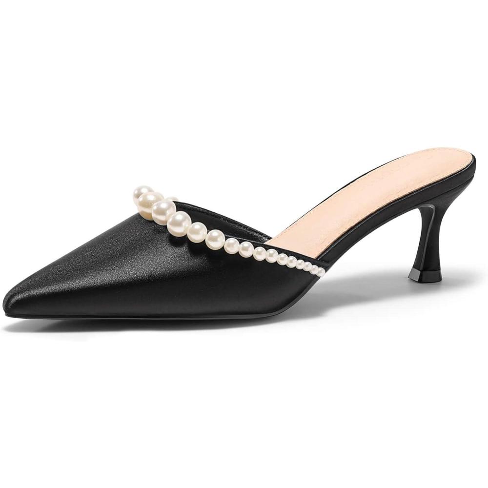 image:imageCoutgo Womens Pearl Kitten Heels Closed Pointed Toe Wedding Bride Dress Shoes Ankle Strap Satin PumpsMulesblack