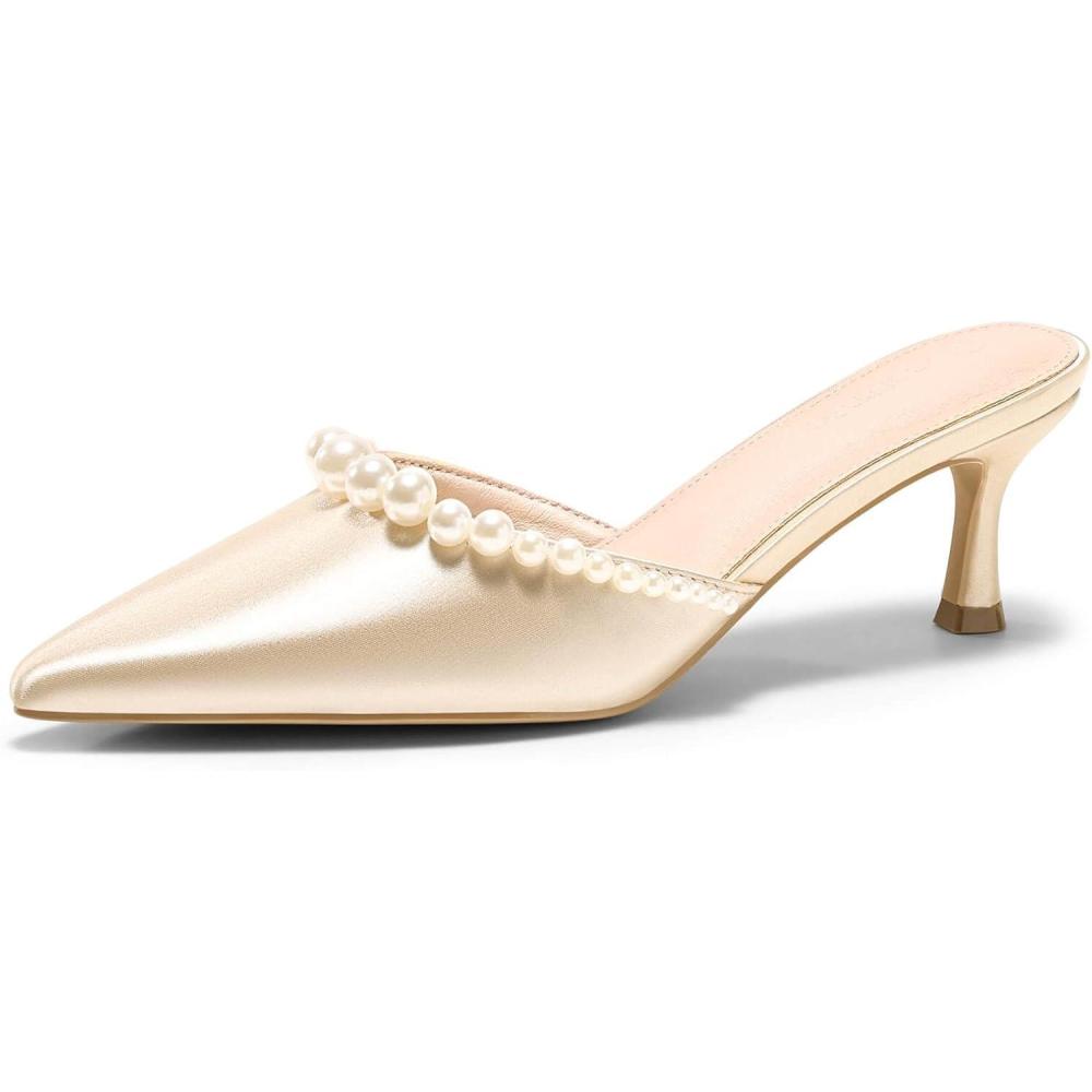 image:imageCoutgo Womens Pearl Kitten Heels Closed Pointed Toe Wedding Bride Dress Shoes Ankle Strap Satin PumpsMuleschampagne