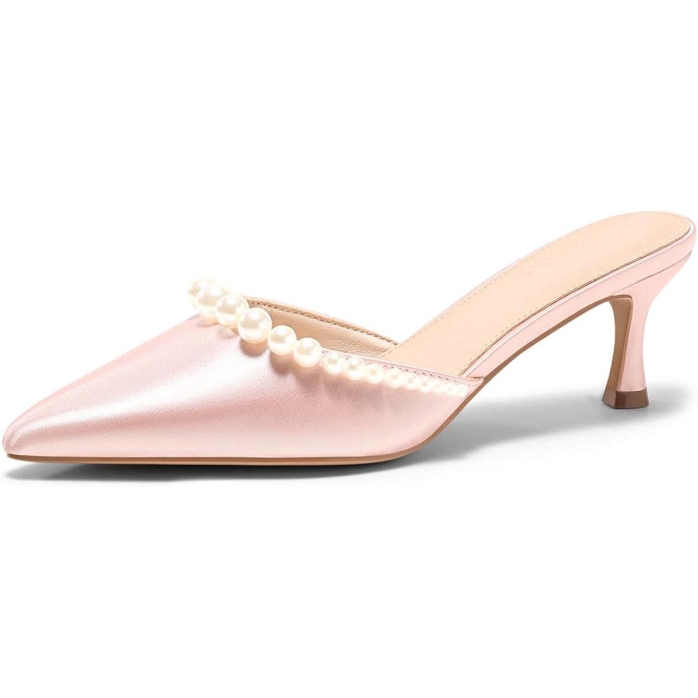 image:imageCoutgo Womens Pearl Kitten Heels Closed Pointed Toe Wedding Bride Dress Shoes Ankle Strap Satin PumpsMulespink