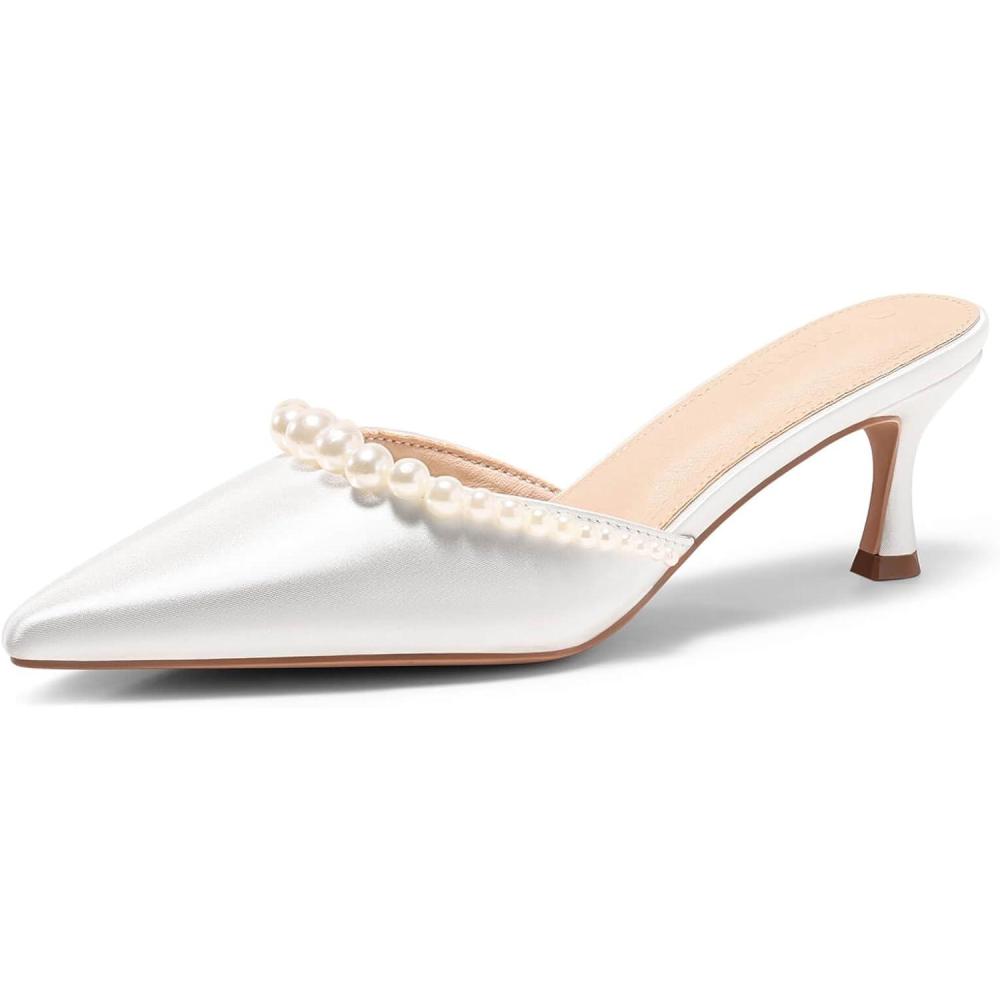 image:imageCoutgo Womens Pearl Kitten Heels Closed Pointed Toe Wedding Bride Dress Shoes Ankle Strap Satin PumpsMuleswhite