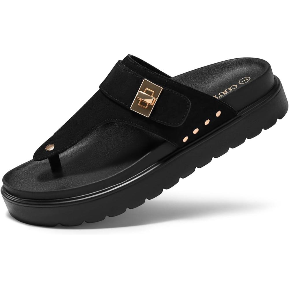 image:imageCoutgo Womens Platform Thong Sandals TStrap Slip On Slides Summer Flats Beach Flip FlopsBlack