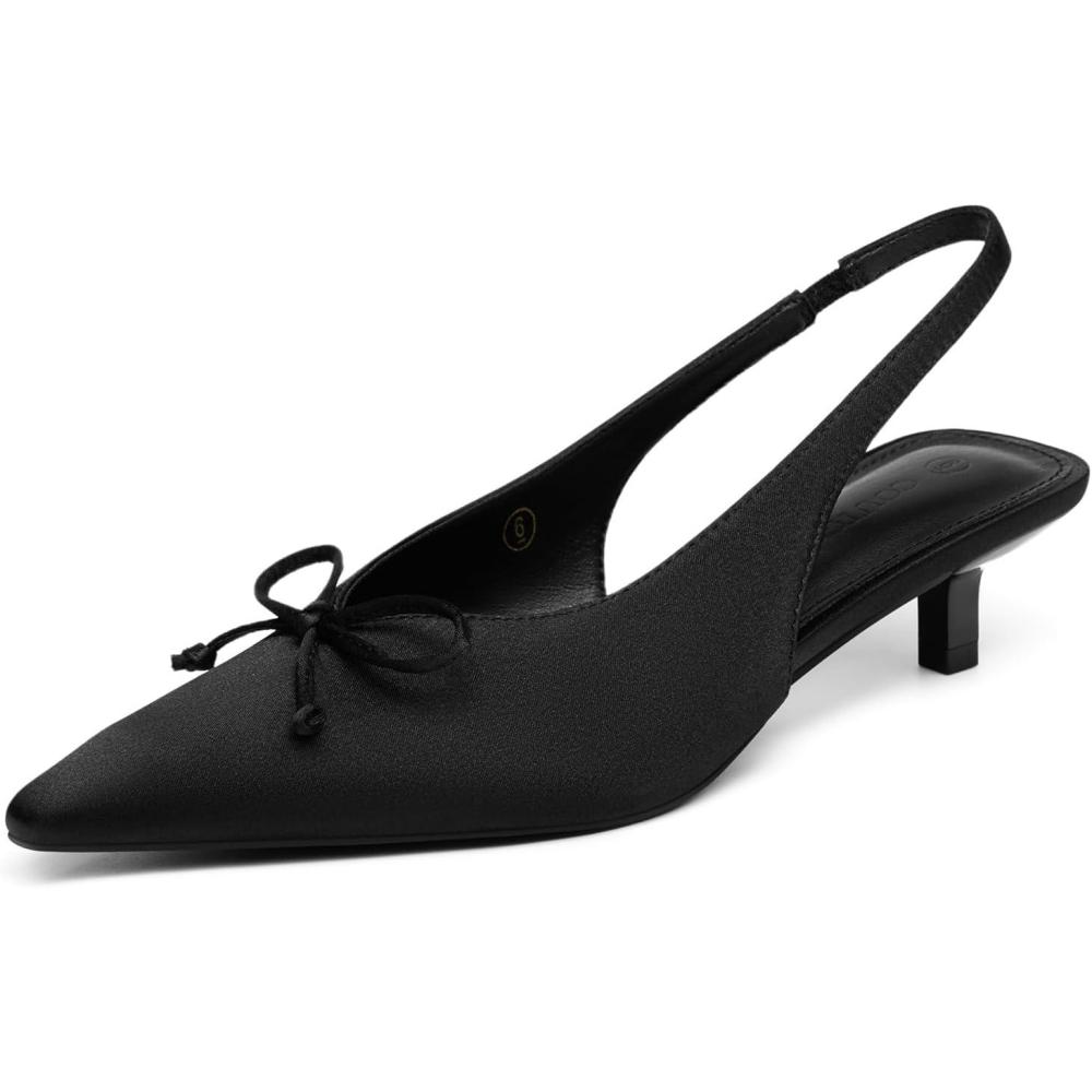 image:imageCoutgo Womens Slingback Kitten Low Heels Dress Shoes Closed Pointed Toe Bow Tie Slip on Office Work PumpsBlacksatin