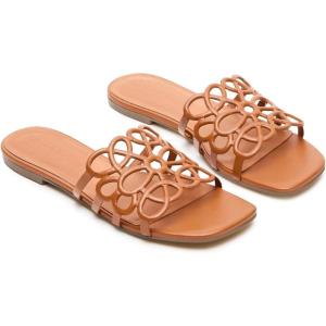 Coutgo Womens Flat Sandals Comfortable Square Open Toe Slides Slip On Summer Dressy Beach Shoes, Brown, size 10