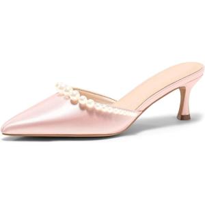 Coutgo Womens Pearl Kitten Heels Closed Pointed Toe Wedding Bride Dress Shoes Ankle Strap Satin Pumps(Mules-pink)