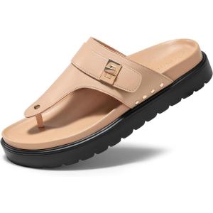 Coutgo Womens Platform Thong Sandals T-Strap Slip On Slides Summer Flats Beach Flip Flops(Khaki Leather)