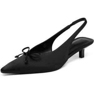 Coutgo Womens Slingback Kitten Low Heels Dress Shoes Closed Pointed Toe Bow Tie Slip on Office Work Pumps(Black-satin)
