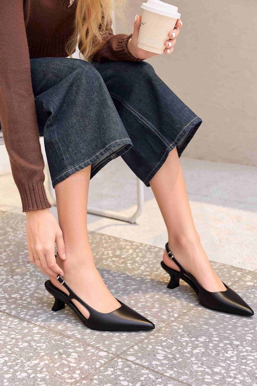 image:imageCoutgo Womens Pointed Toe Slingback Kitten Heel PumpsBlack