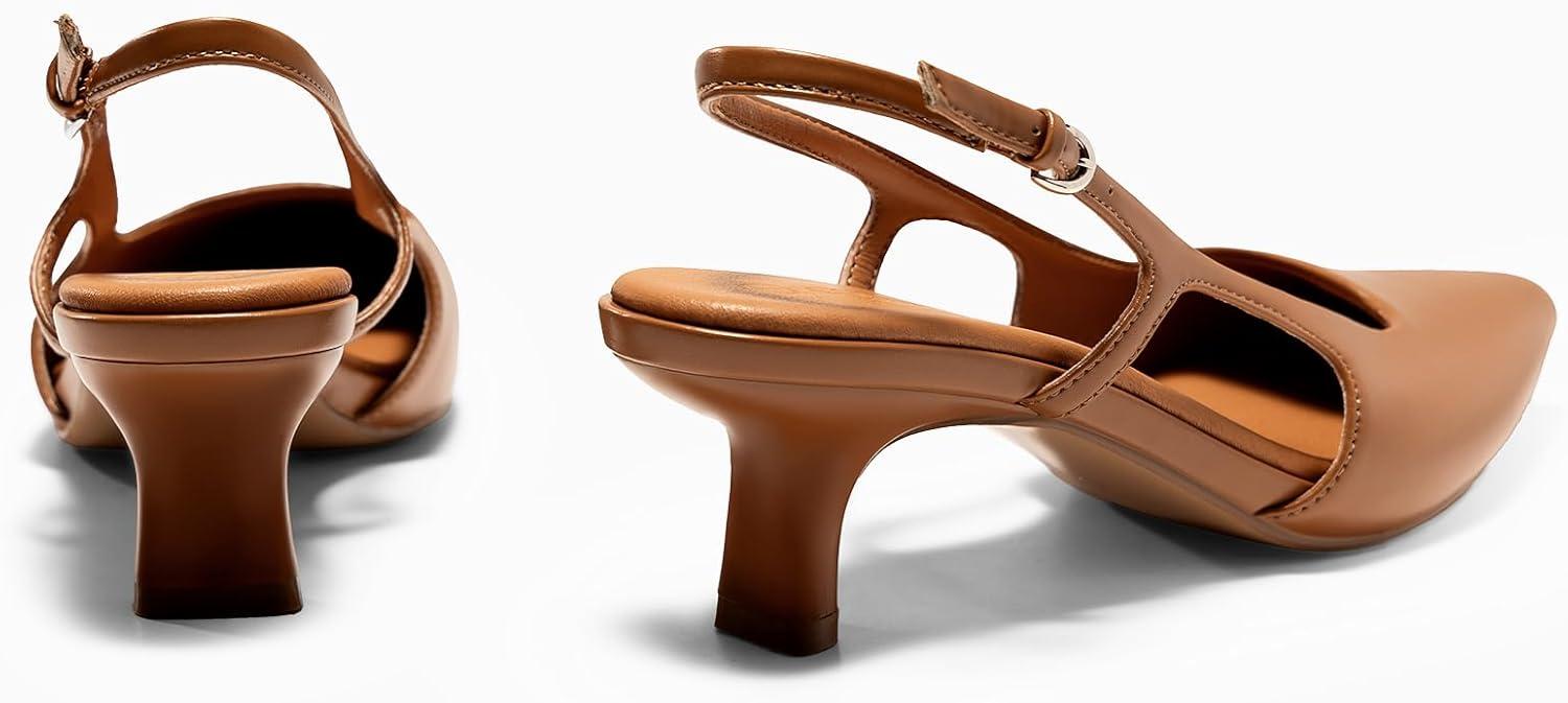 image:imageCoutgo Womens Pointed Toe Slingback Kitten Heel PumpsBrown