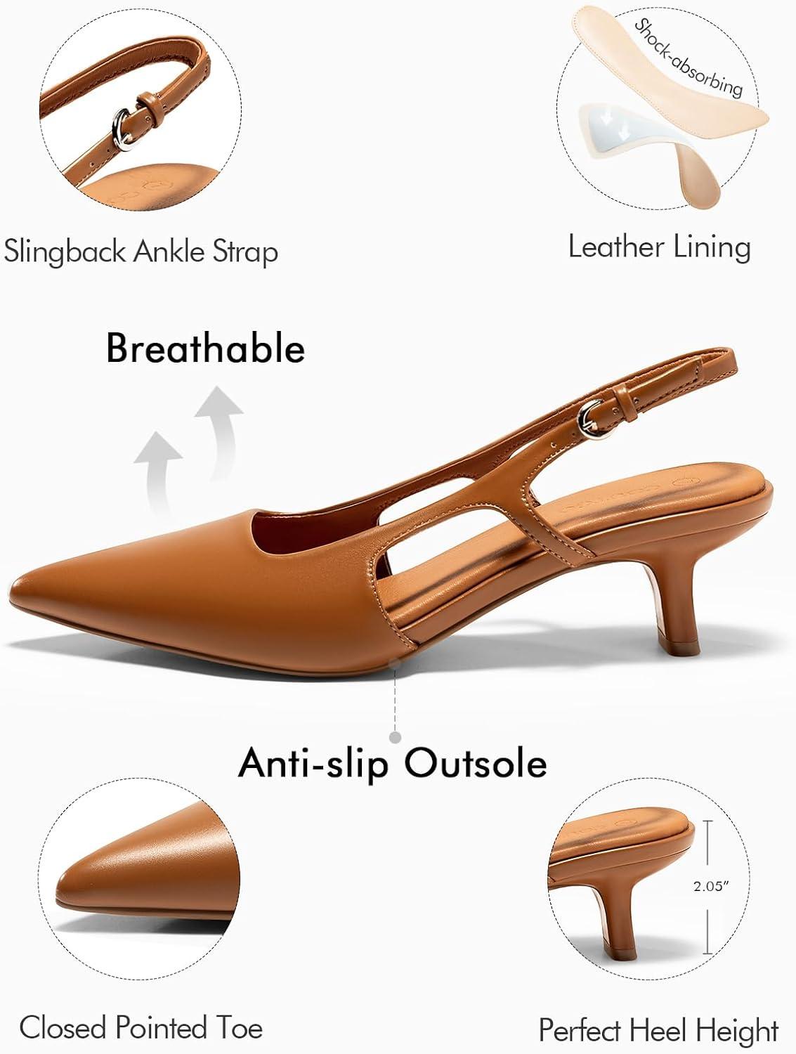 image:imageCoutgo Womens Pointed Toe Slingback Kitten Heel PumpsBrown