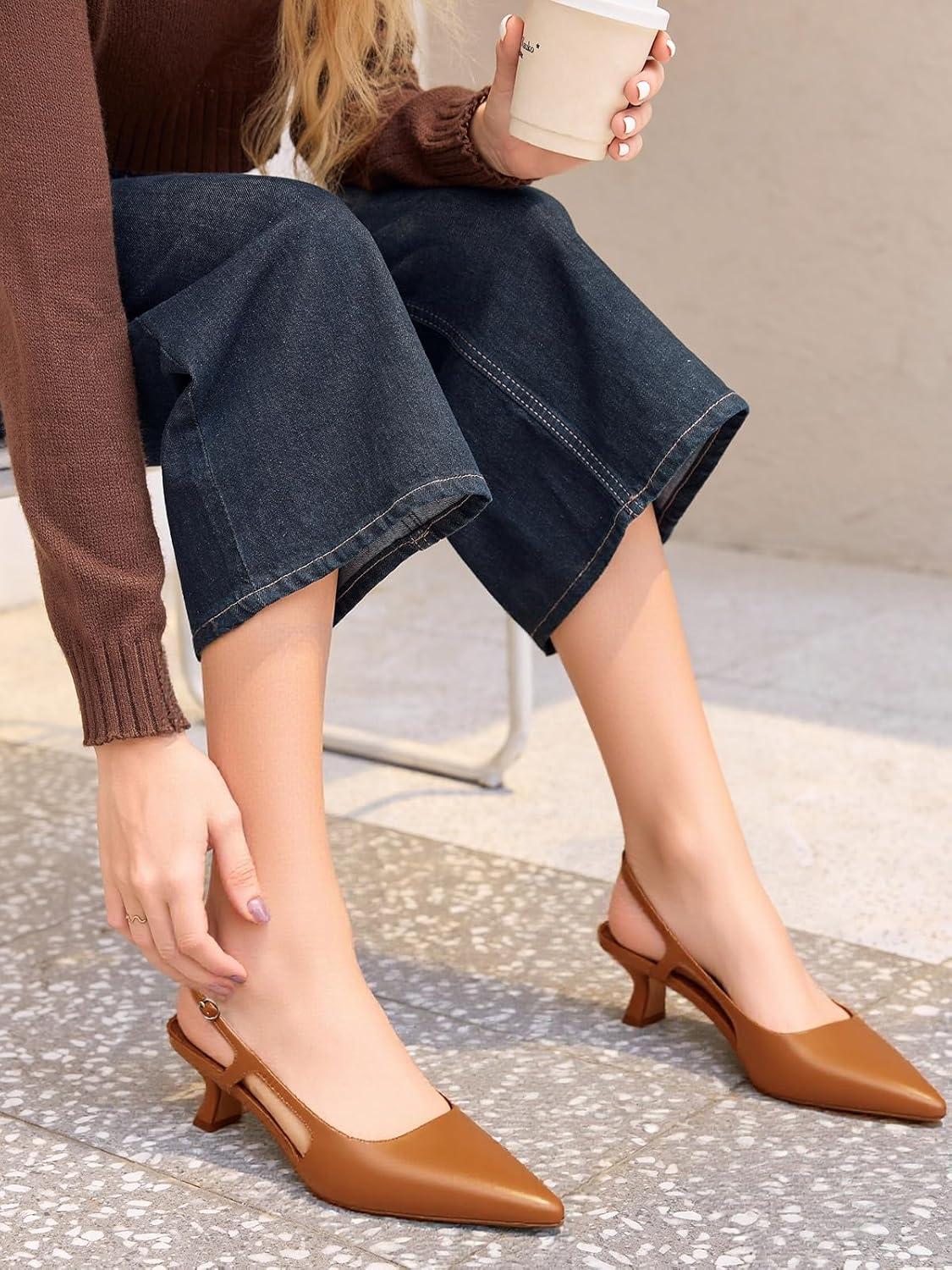 image:imageCoutgo Womens Pointed Toe Slingback Kitten Heel PumpsBrown