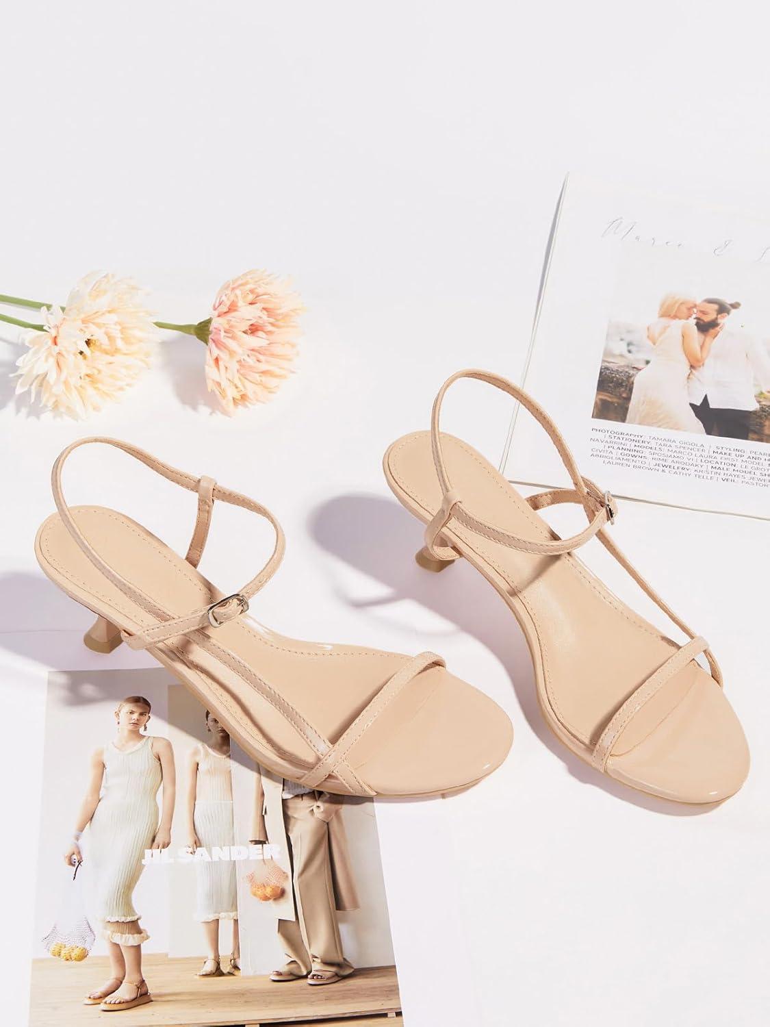 image:imageCoutgo Womens Strappy Heeled Sandals Kitten Low Heel Open Toe Ankle Strap Party Wedding Dress ShoesNude