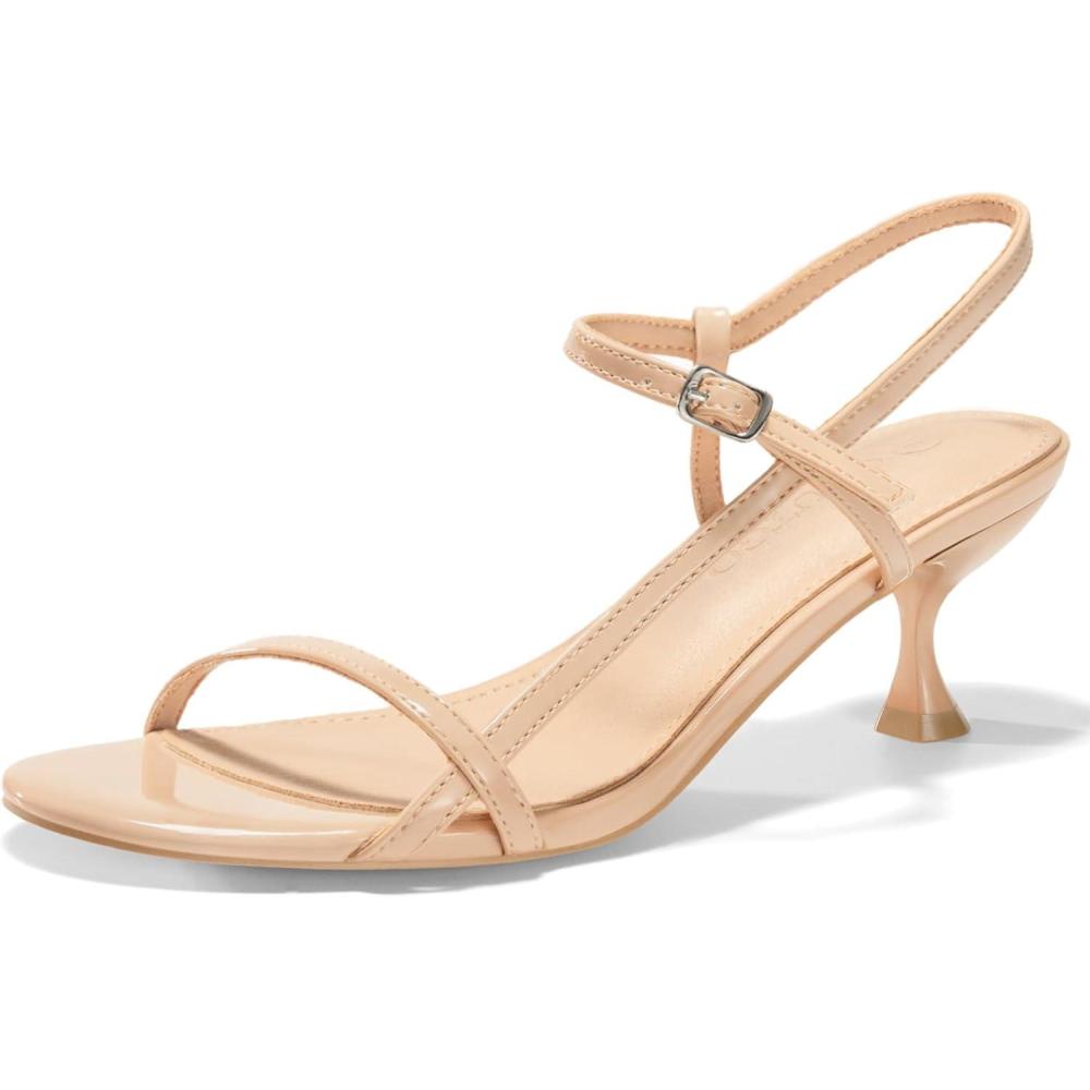 image:imageCoutgo Womens Strappy Heeled Sandals Kitten Low Heel Open Toe Ankle Strap Party Wedding Dress ShoesNude