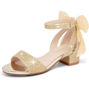 Coutgo Girls Dress Shoes Sandals Chunky Low Heels Bow Ankle Strap Flower Girl Wedding Party Shoes(Gold Glitter)