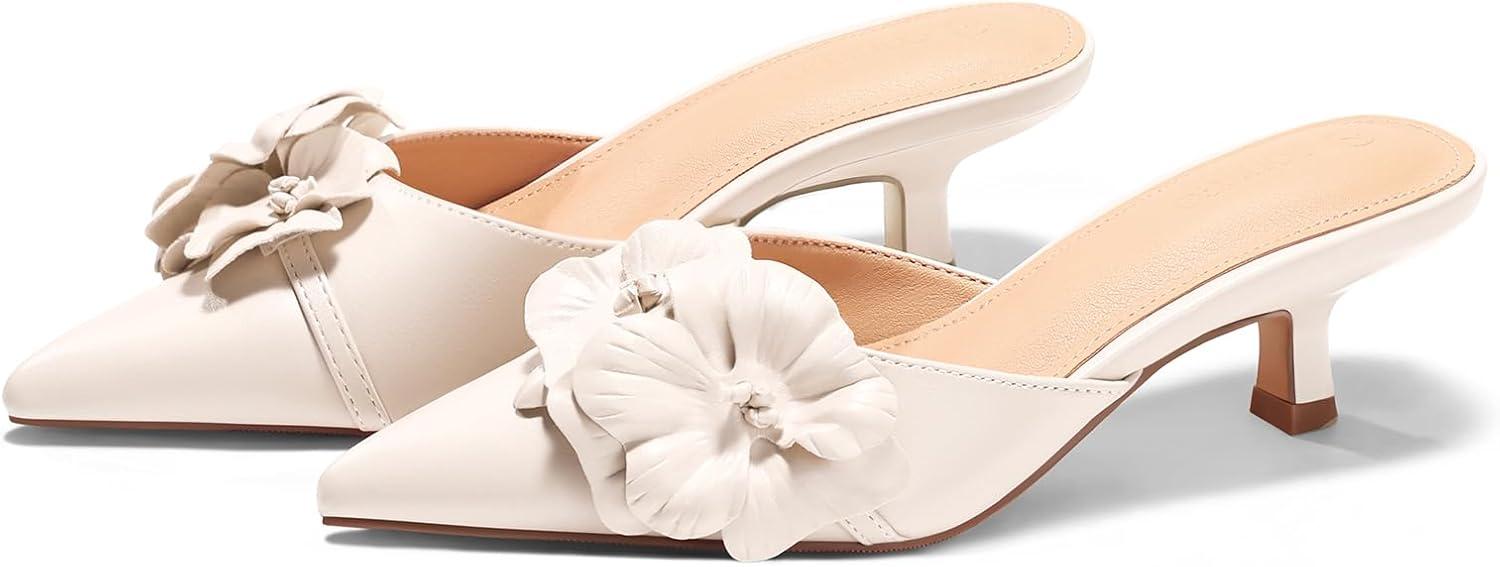 image:imageCoutgo Womens Kitten Heels Mules Low Heel Closed Pointed Toe Dressy Shoes Flower Slip On Party Pump ShoesBeige