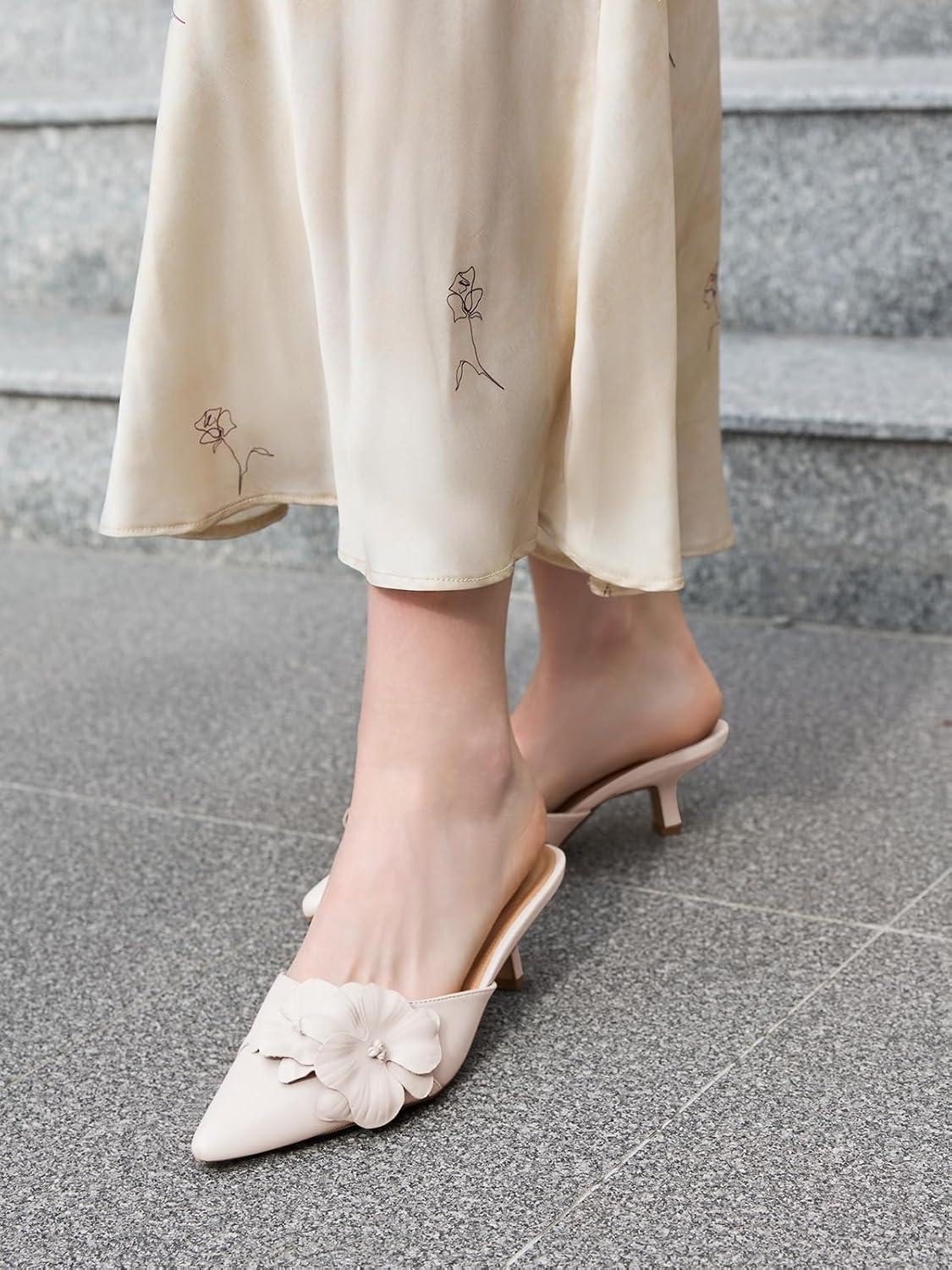 image:imageCoutgo Womens Kitten Heels Mules Low Heel Closed Pointed Toe Dressy Shoes Flower Slip On Party Pump ShoesBeige