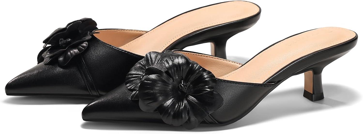 image:imageCoutgo Womens Kitten Heels Mules Low Heel Closed Pointed Toe Dressy Shoes Flower Slip On Party Pump ShoesBlack