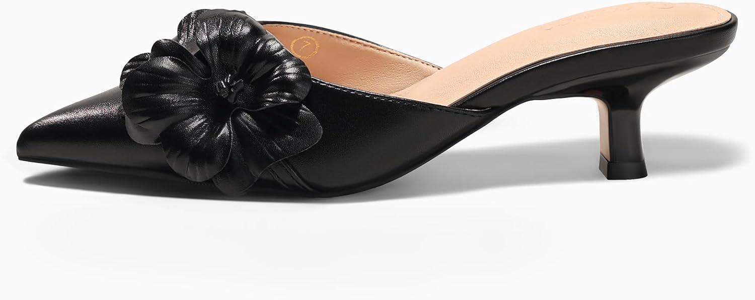 image:imageCoutgo Womens Kitten Heels Mules Low Heel Closed Pointed Toe Dressy Shoes Flower Slip On Party Pump ShoesBlack
