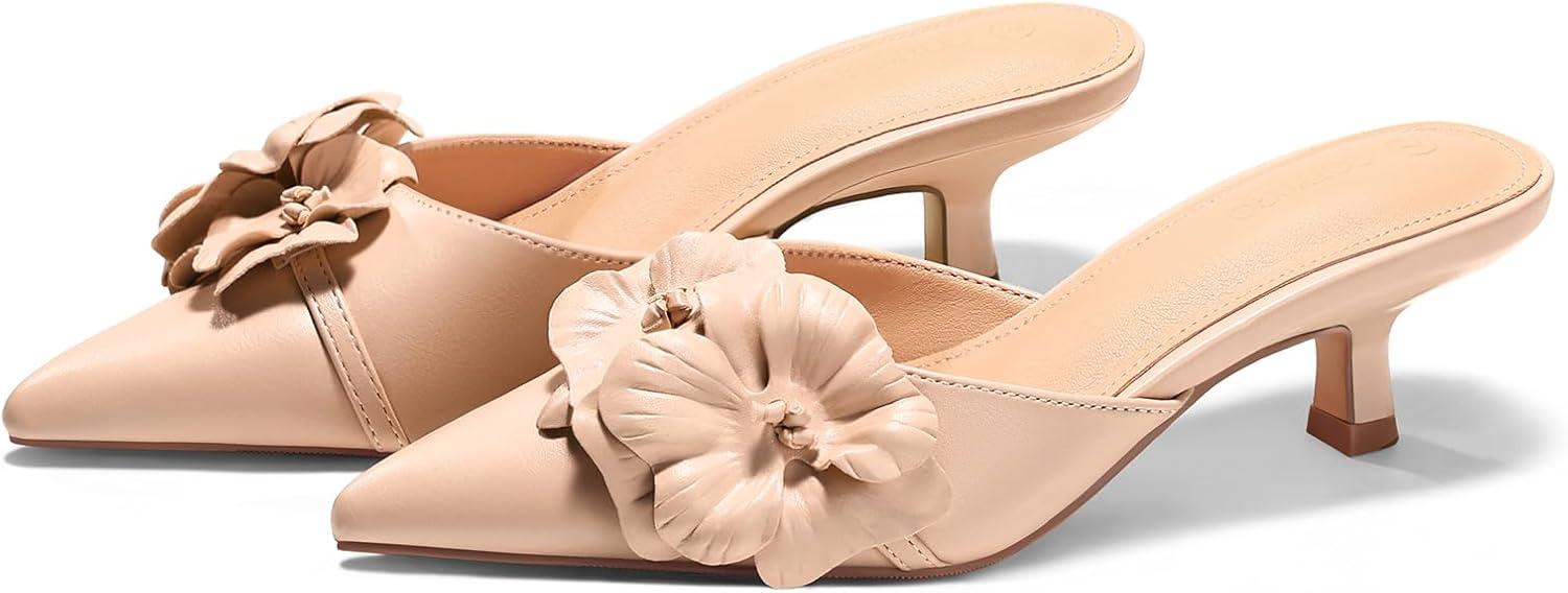 image:imageCoutgo Womens Kitten Heels Mules Low Heel Closed Pointed Toe Dressy Shoes Flower Slip On Party Pump ShoesLight Khaki