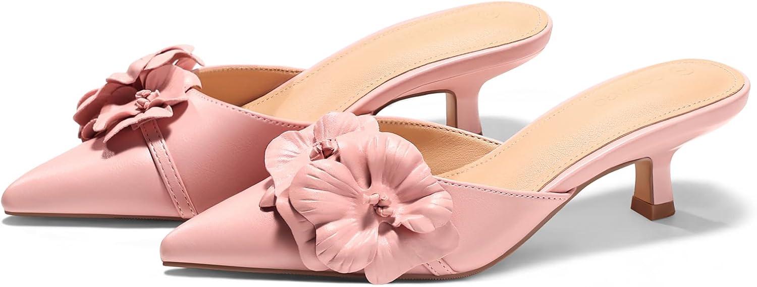 image:imageCoutgo Womens Kitten Heels Mules Low Heel Closed Pointed Toe Dressy Shoes Flower Slip On Party Pump ShoesPink