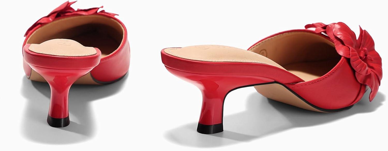 image:imageCoutgo Womens Kitten Heels Mules Low Heel Closed Pointed Toe Dressy Shoes Flower Slip On Party Pump ShoesRed