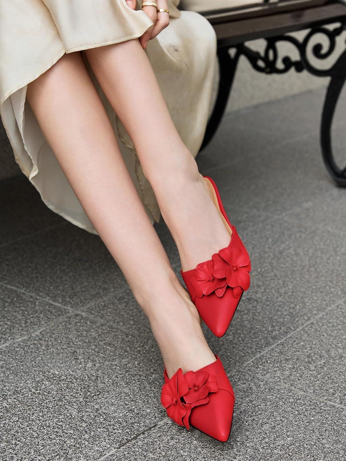 image:imageCoutgo Womens Kitten Heels Mules Low Heel Closed Pointed Toe Dressy Shoes Flower Slip On Party Pump ShoesRed