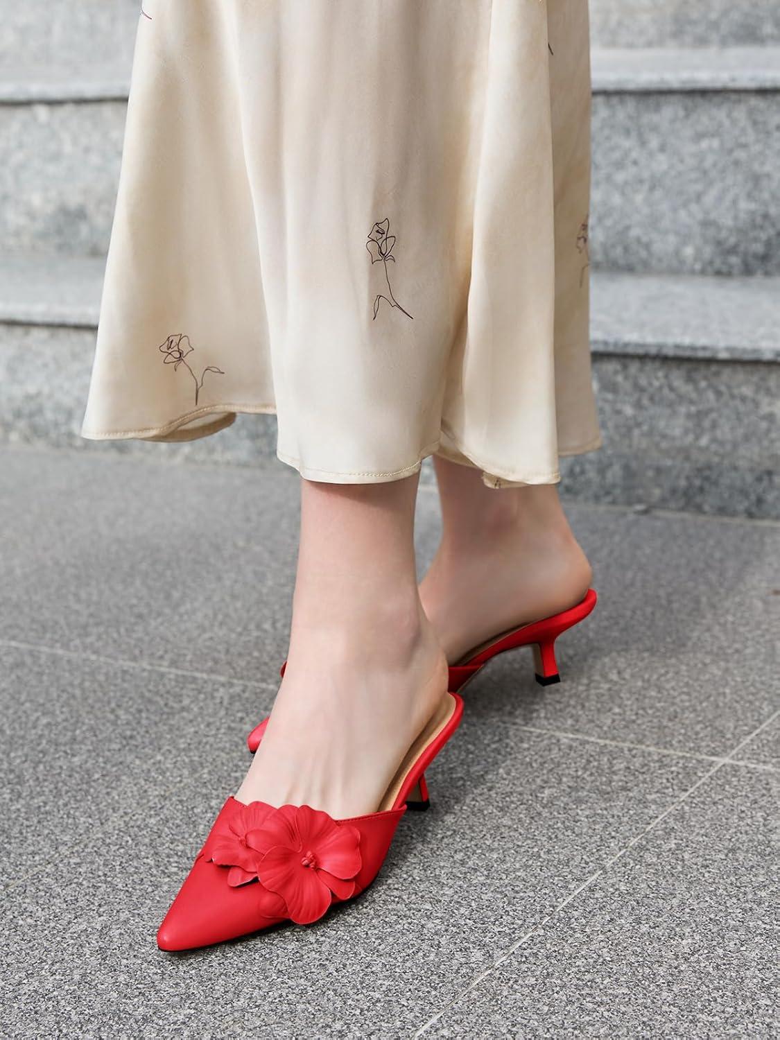 image:imageCoutgo Womens Kitten Heels Mules Low Heel Closed Pointed Toe Dressy Shoes Flower Slip On Party Pump ShoesRed