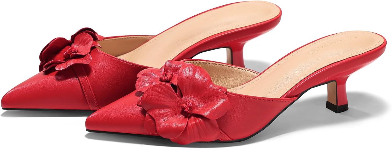 image:imageCoutgo Womens Kitten Heels Mules Low Heel Closed Pointed Toe Dressy Shoes Flower Slip On Party Pump ShoesRed