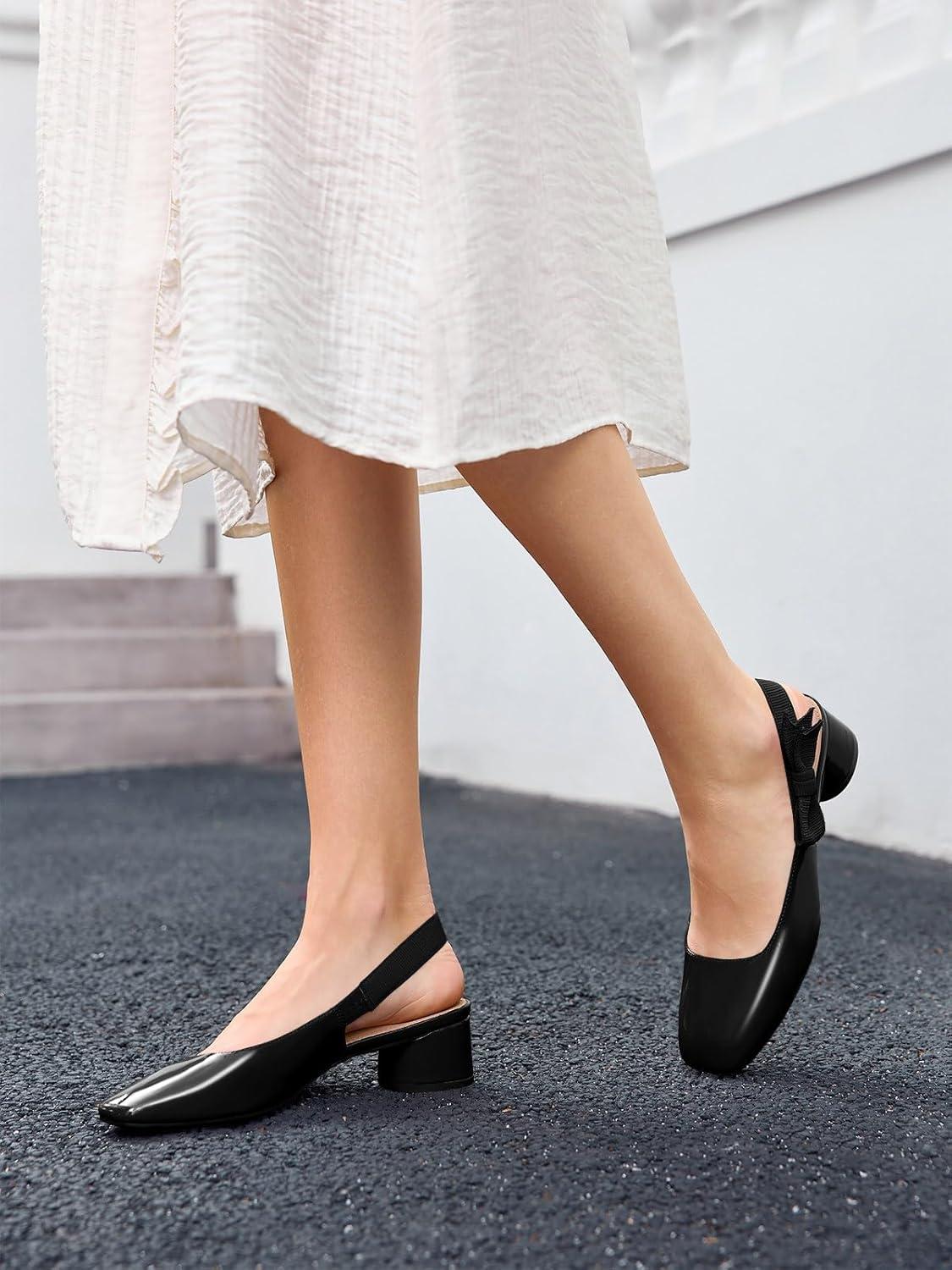 image:imageCoutgo Womens Slingback Chunky Heels Bow Closed Square Toe Slip On Work Pumps Dress ShoesBlack