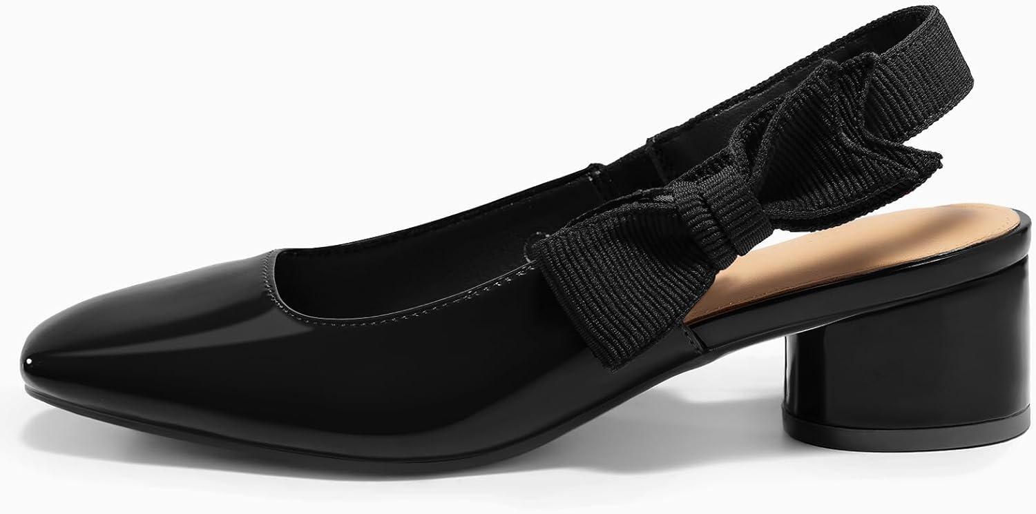 image:imageCoutgo Womens Slingback Chunky Heels Bow Closed Square Toe Slip On Work Pumps Dress ShoesBlack