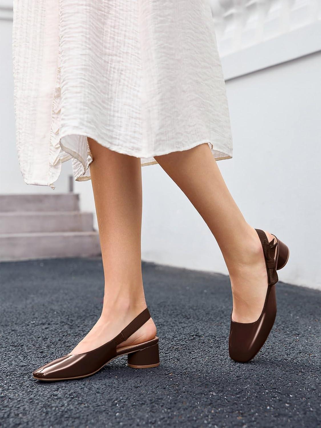 image:imageCoutgo Womens Slingback Chunky Heels Bow Closed Square Toe Slip On Work Pumps Dress ShoesCoffee