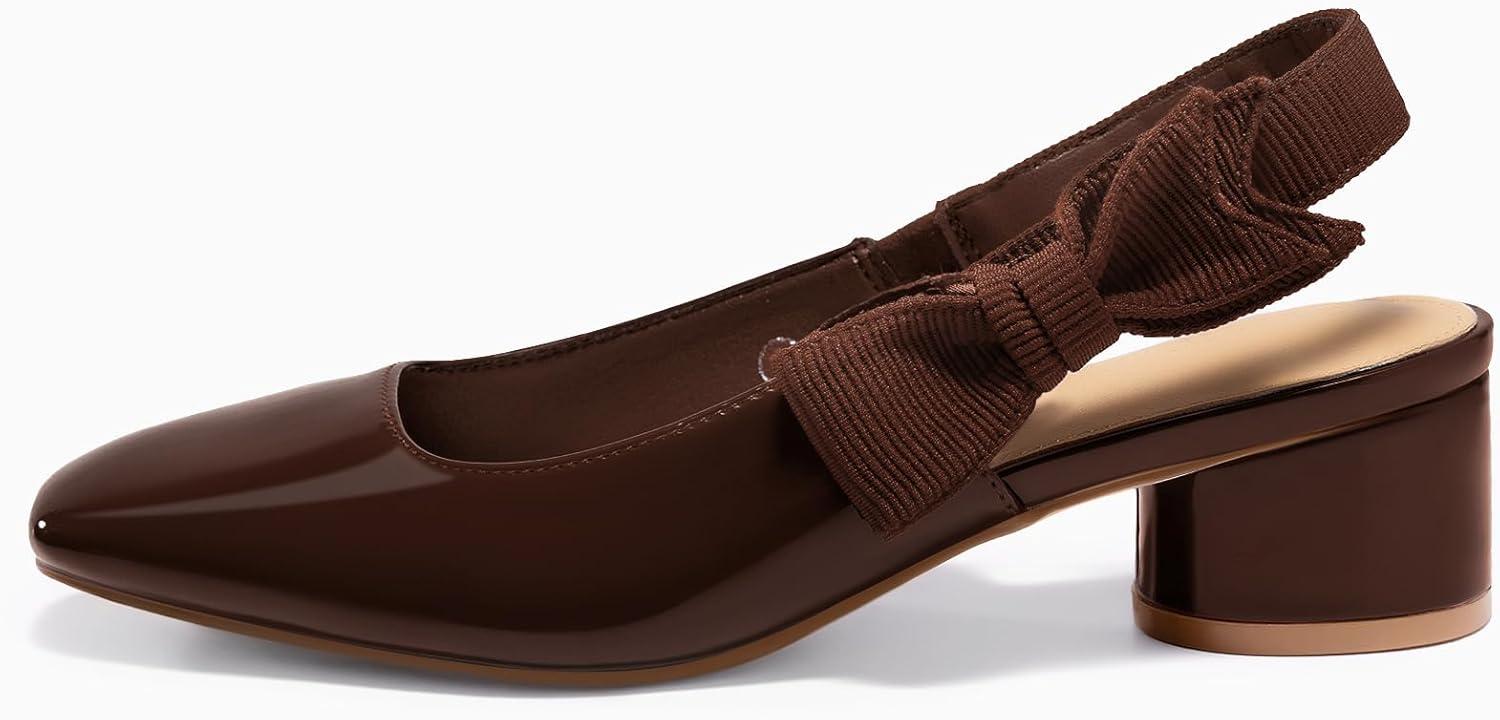 image:imageCoutgo Womens Slingback Chunky Heels Bow Closed Square Toe Slip On Work Pumps Dress ShoesCoffee
