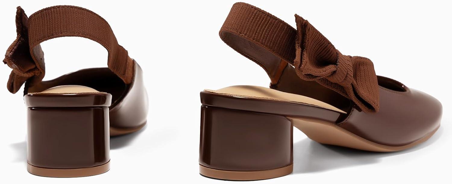 image:imageCoutgo Womens Slingback Chunky Heels Bow Closed Square Toe Slip On Work Pumps Dress ShoesCoffee