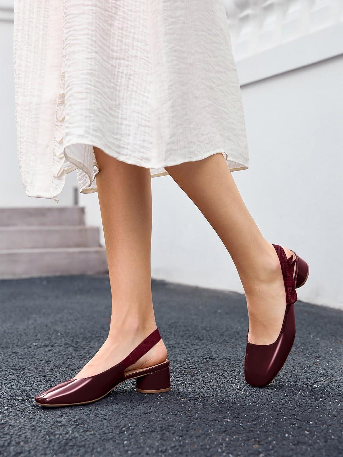 image:imageCoutgo Womens Slingback Chunky Heels Bow Closed Square Toe Slip On Work Pumps Dress ShoesDeep Red