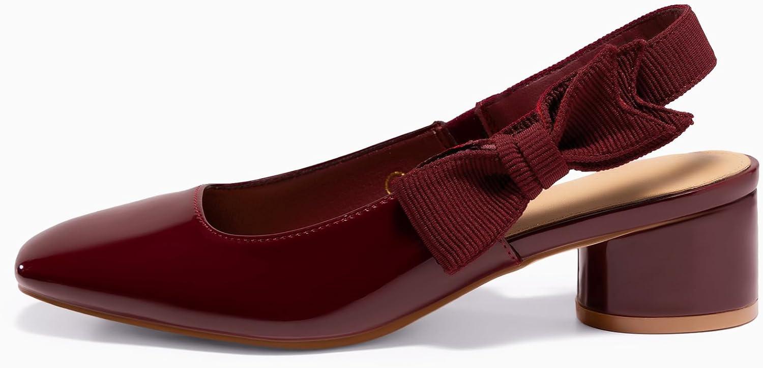 image:imageCoutgo Womens Slingback Chunky Heels Bow Closed Square Toe Slip On Work Pumps Dress ShoesDeep Red